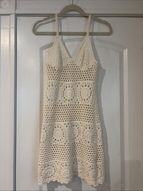 Aerie Cream Crochet Beach Cover Up Dress with V-Neck